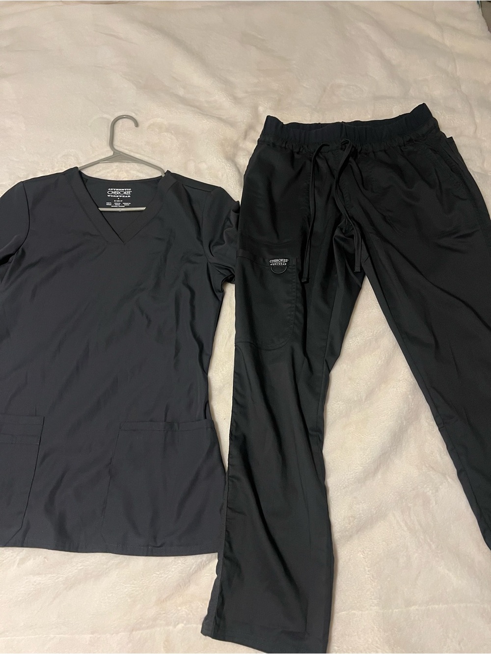 Cherokee Black V-Neck Scrub Top and Drawstring Pants